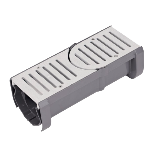 NDS Spee-D Contour articulating channel drain start and end sections showing curved layout capability