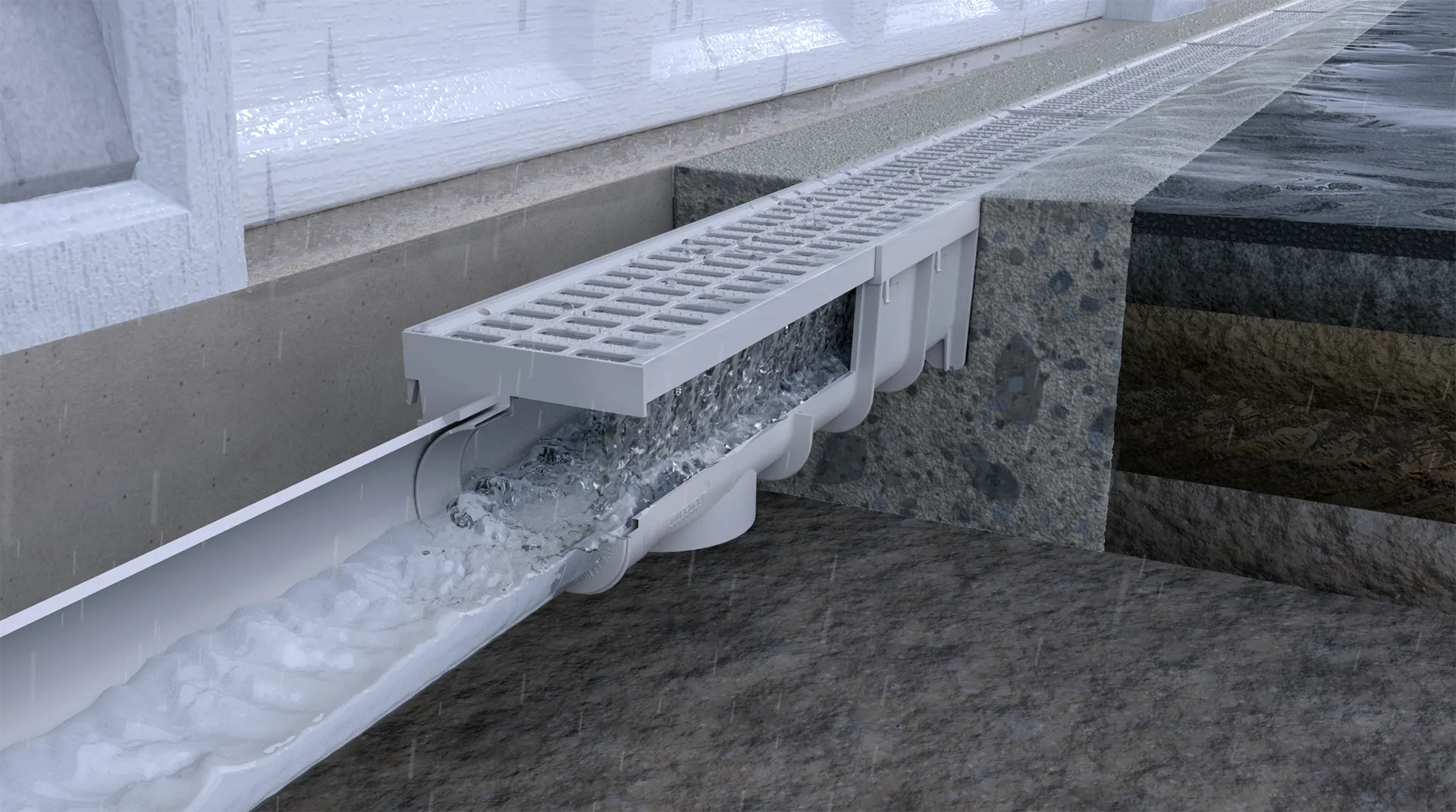NDS 5 inch Pro Series channel drain installed across a residential driveway, 3D installation model