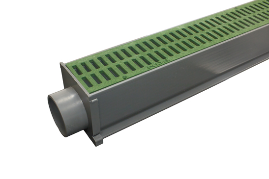 NDS Mini Channel Drain with green grate and spigot end adapter